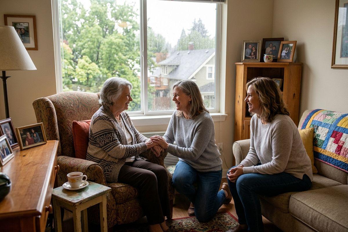 An older adult in an armchair, holding hands with a kneeling loved one, both smiling, as another family member sits nearby in a cozy living room.