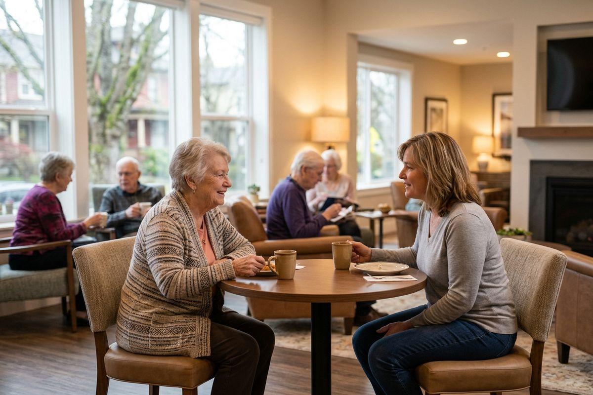 A visiting family member and their older loved one sit across from each other, enjoying a casual meal and coffee in a cozy, community lounge.