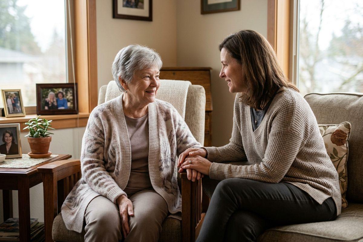 A family member sits with their older loved one in armchairs, smiling at each other, holding hands, beside framed photos and a window.