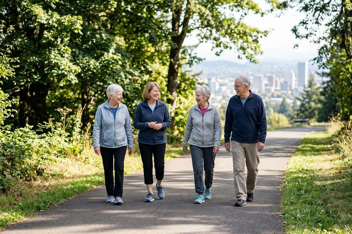 A group of older adults walking and smiling on a tree-lined paved path, with a city skyline visible in the distance.