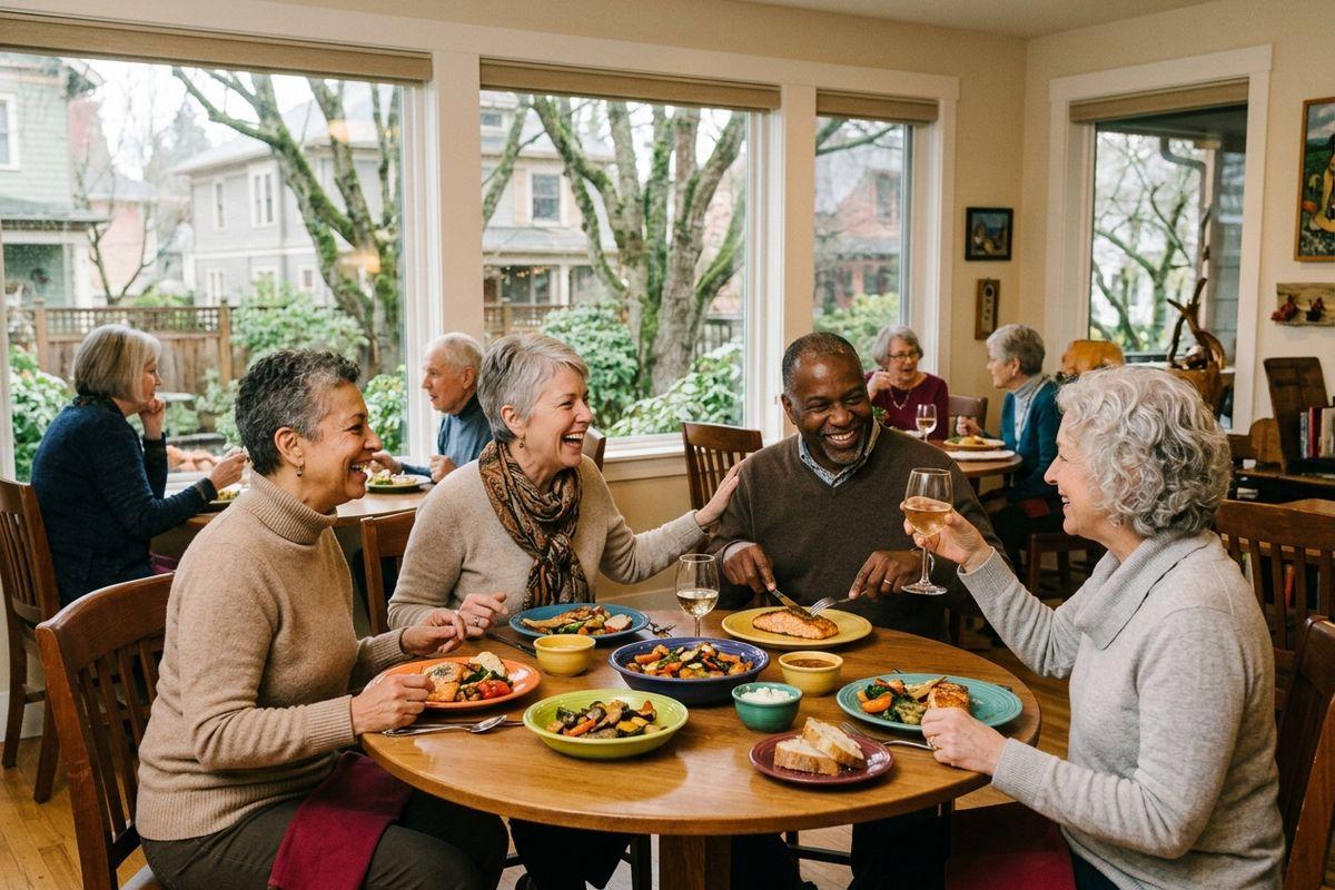 A group of older adults laughing around a table, colorful plates of food and wine in front of them, sharing a meal in a welcoming community dining area.