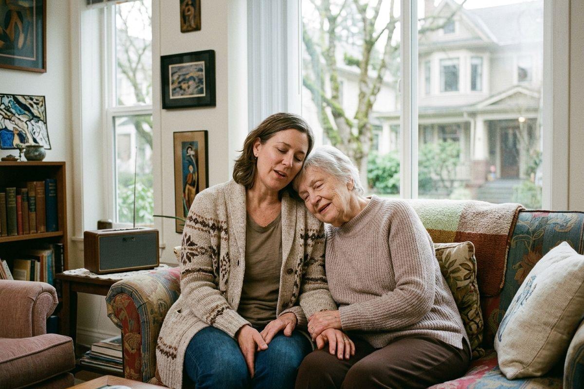 A younger and an older adult sit close together on a couch, leaning their heads against each other with their eyes closed in a sunlit living room.