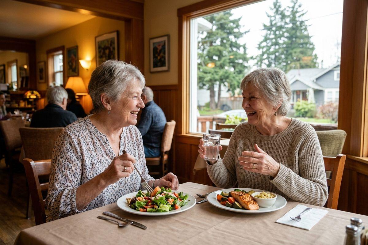 A pair of older adults laughing together over plates of salad and salmon at a restaurant table by a window.