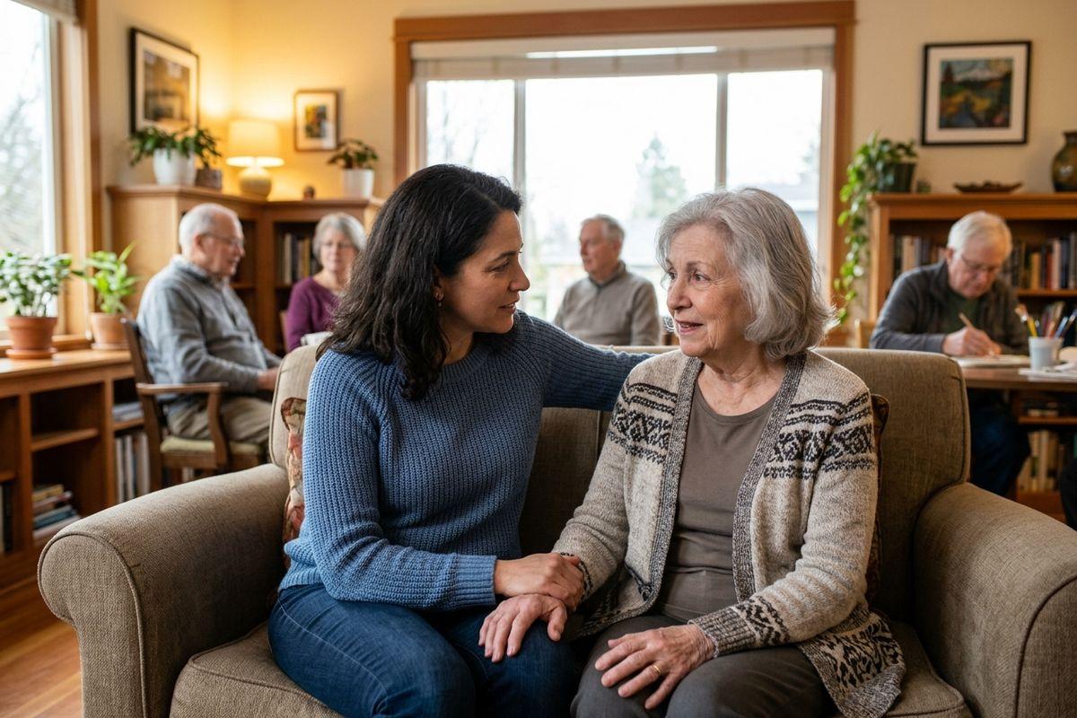 A visiting family member offers their older loved one a comforting touch as they sit together on a couch in a lively assisted living community common area, with other residents seated behind them.