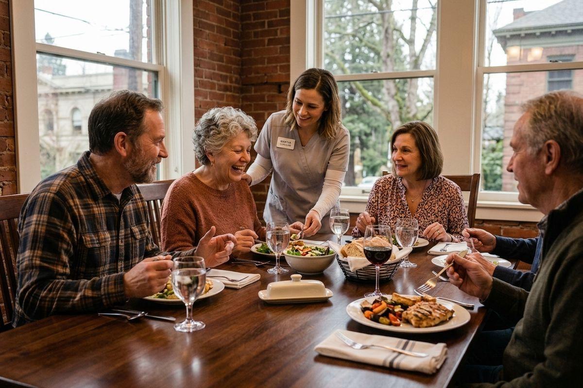 A caregiver in scrubs serves a meal to a group of smiling older adults seated at a wooden dining table by brick walls and windows.