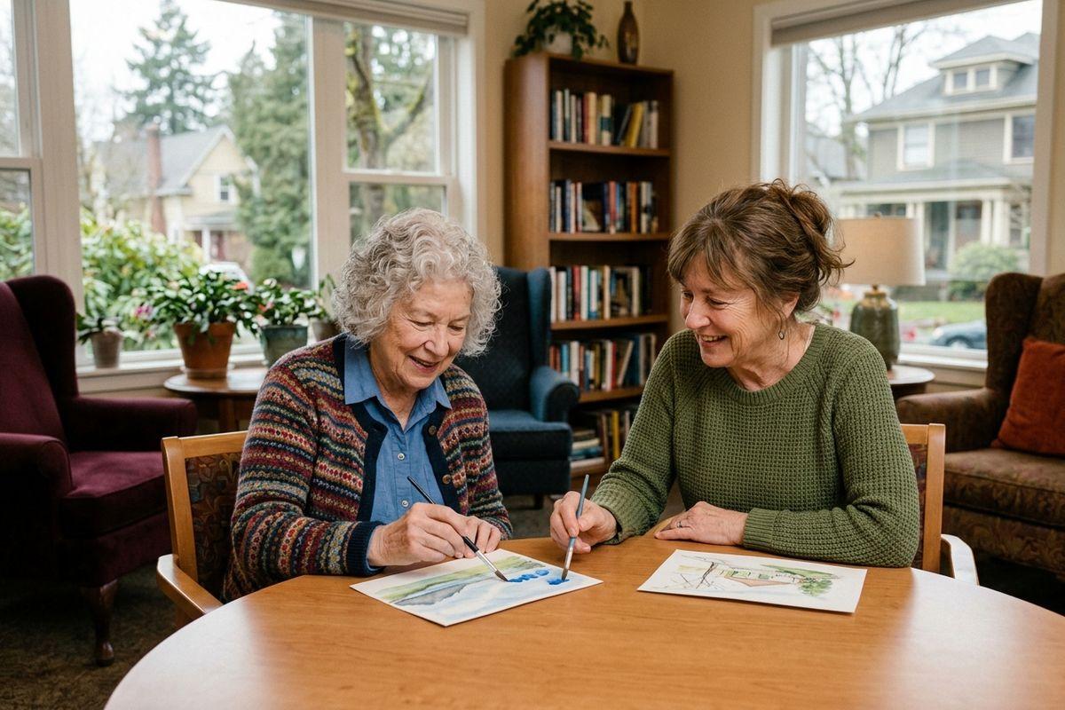A pair of smiling older adults paint with watercolors at a wooden table in a bright community room with bookshelves and windows.
